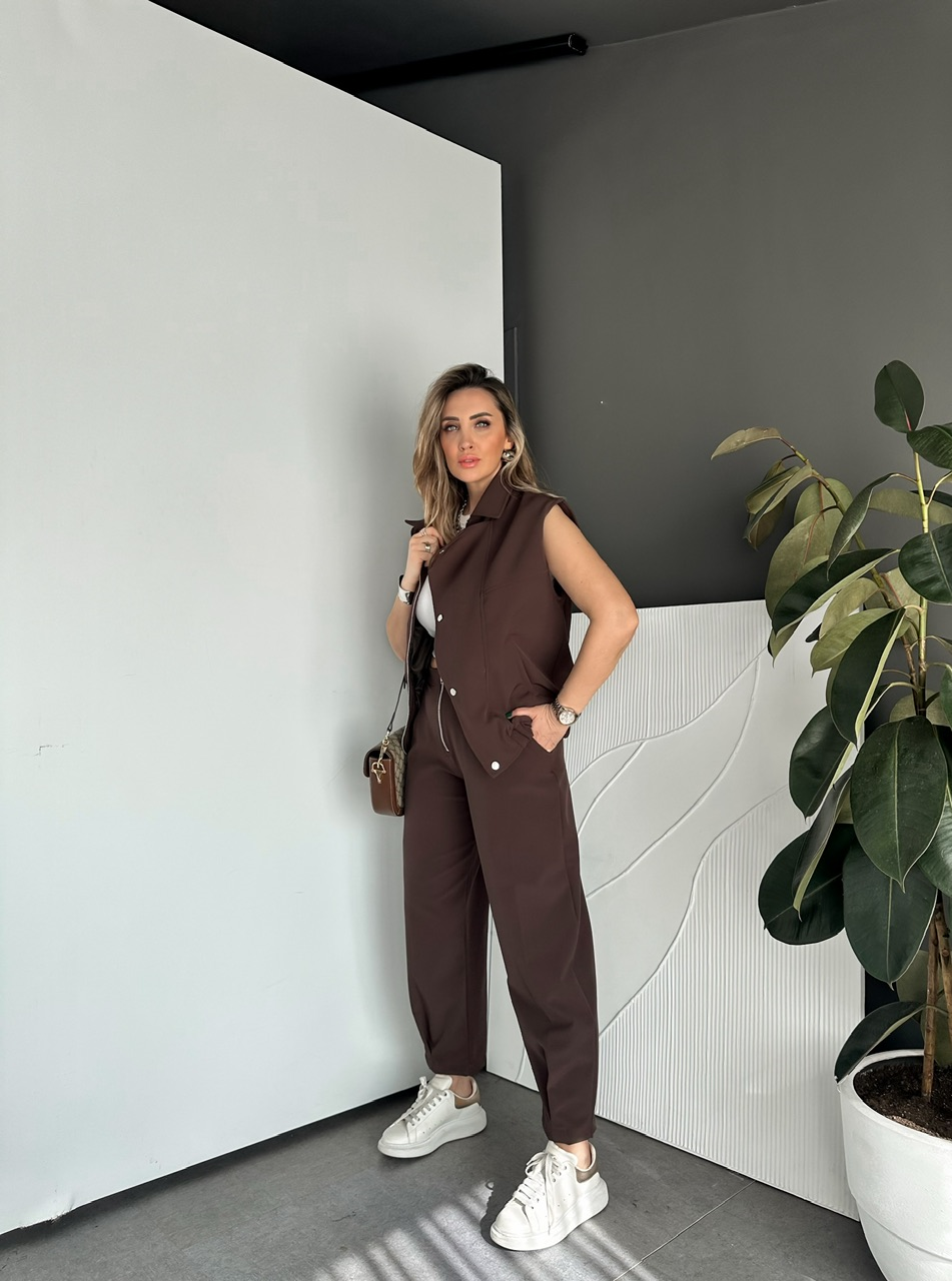 Kahve Fermuarlı Yelekli Premium Takım