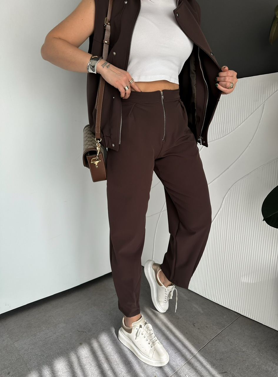Kahve Fermuarlı Yelekli Premium Takım