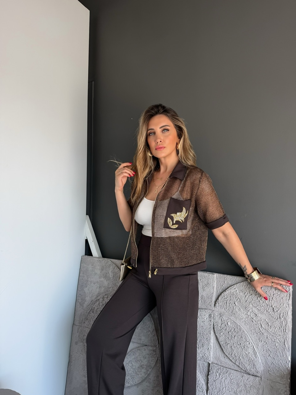 Kahve File Ceketli Nakışlı Marka Takım