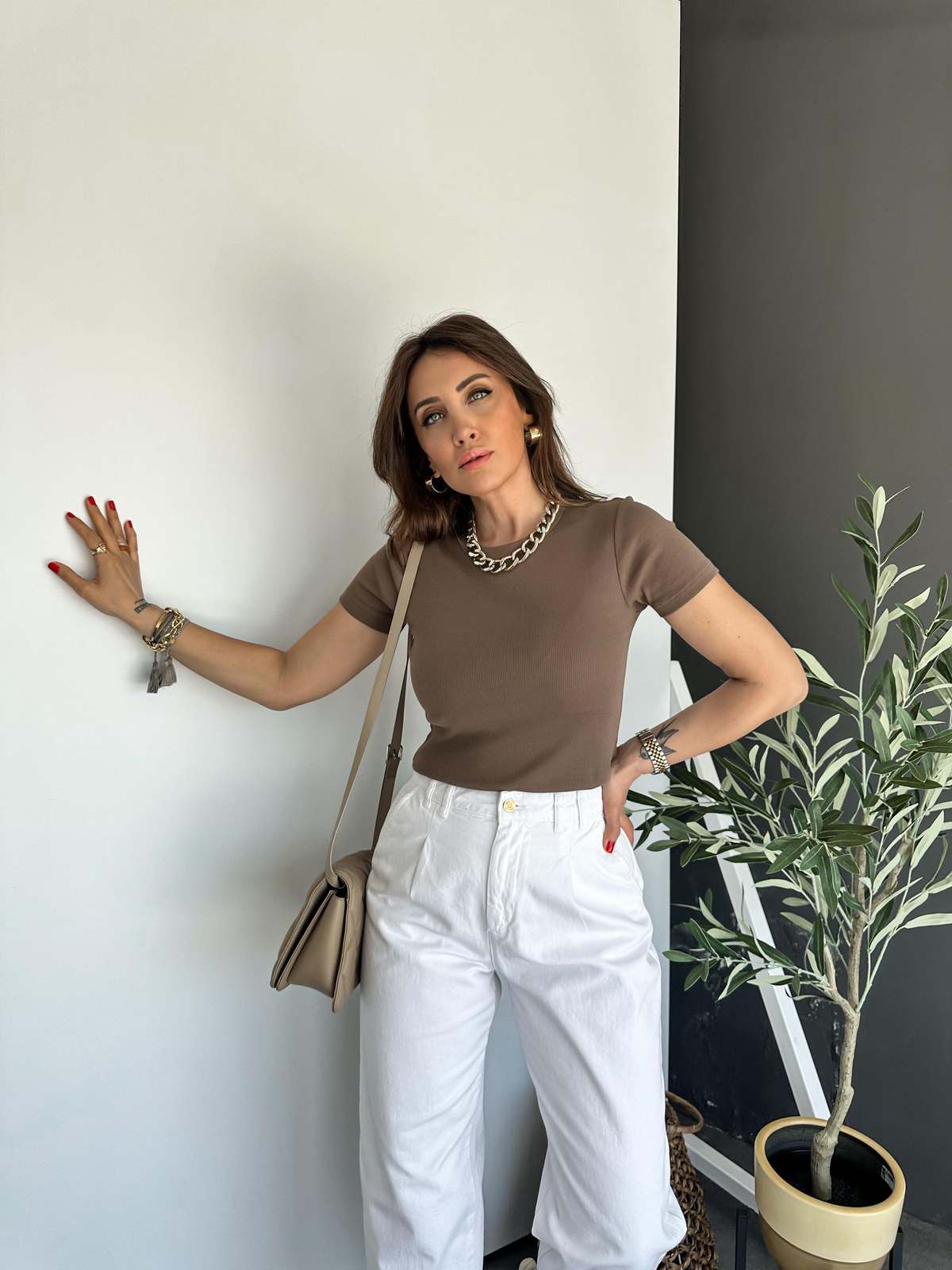 Kahve Fitilli Organic Cotton Tshirt 