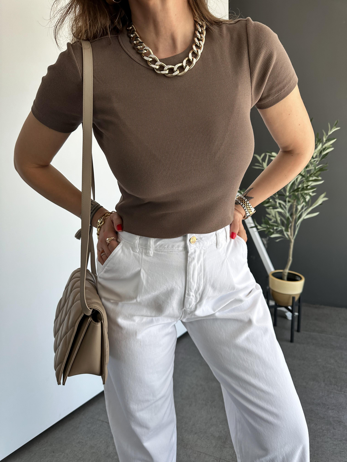Kahve Fitilli Organic Cotton Tshirt 