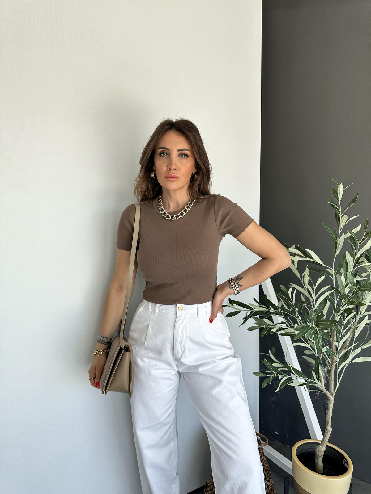Kahve Fitilli Organic Cotton Tshirt 