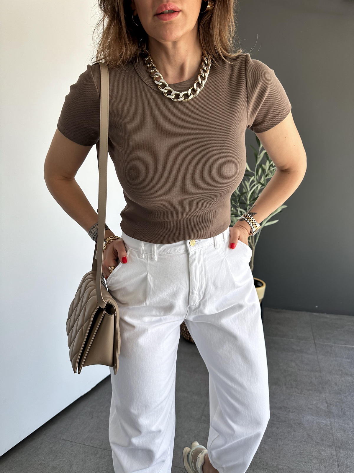 Kahve Fitilli Organic Cotton Tshirt 