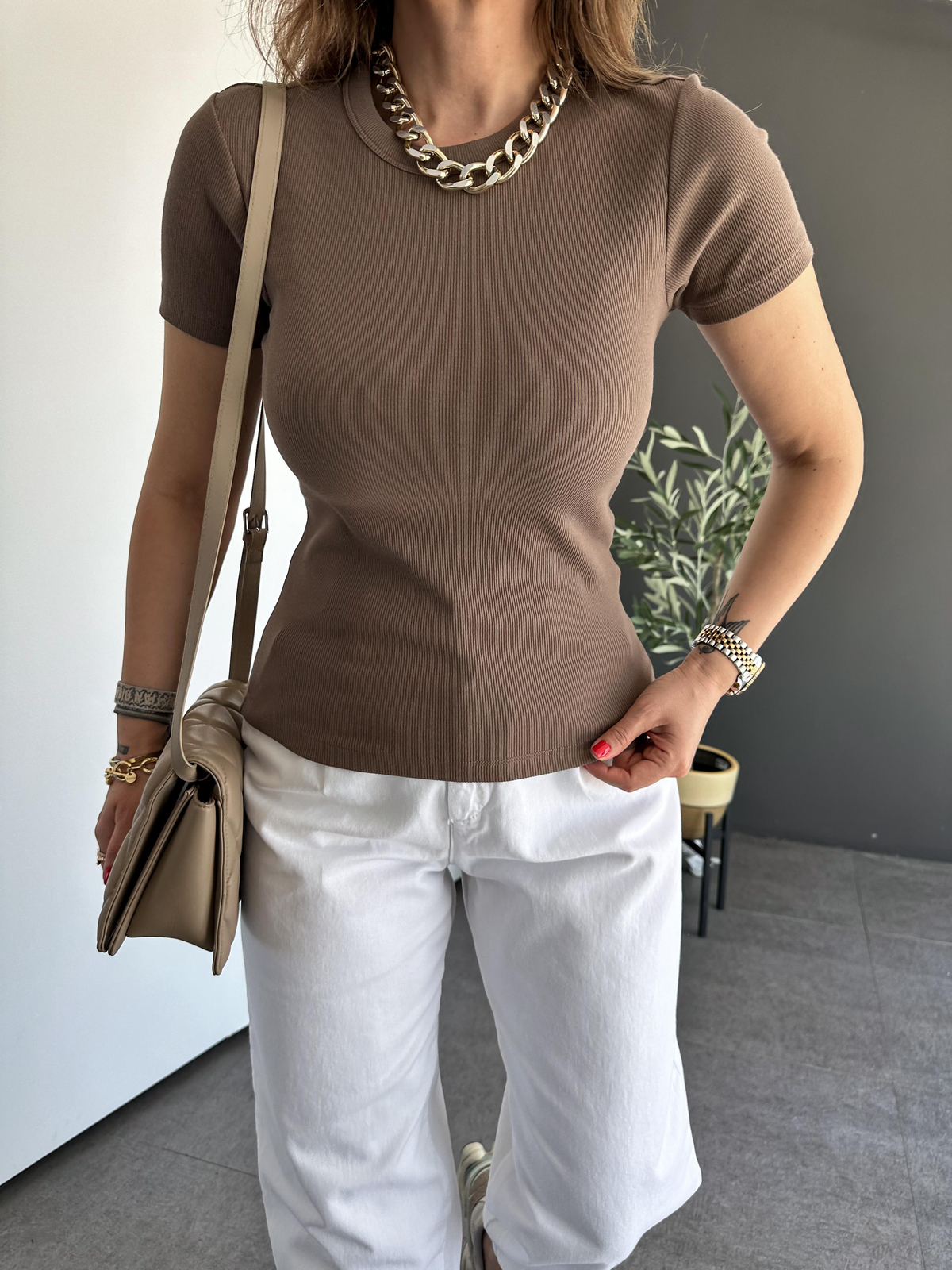 Kahve Fitilli Organic Cotton Tshirt 
