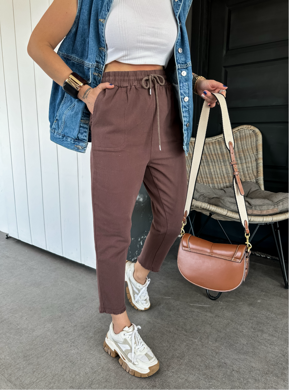 Kahve Gabardin Beli Lastikli Pantolon 