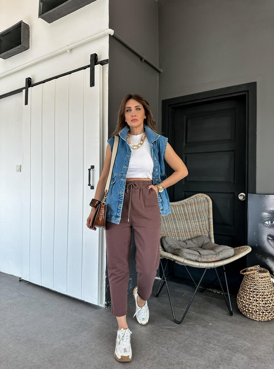 Kahve Gabardin Beli Lastikli Pantolon 