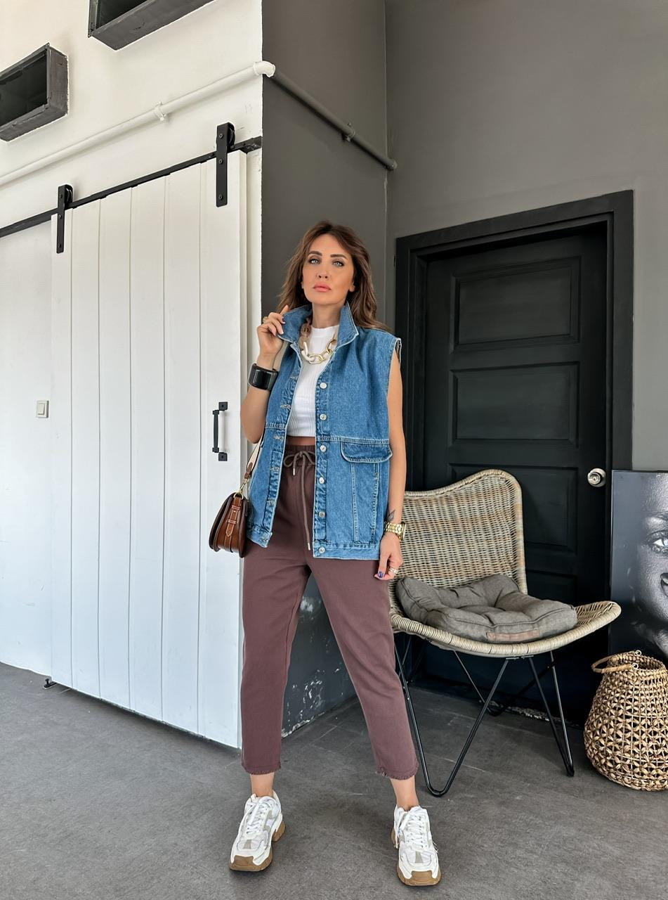Kahve Gabardin Beli Lastikli Pantolon 