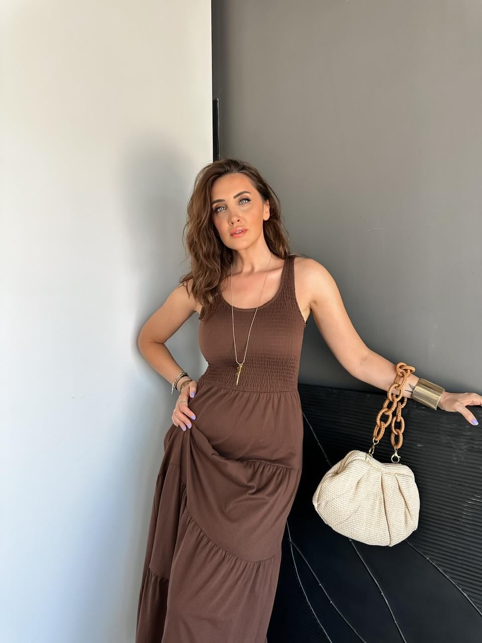 Kahve Gipeli Kolsuz Orijinal Elbise