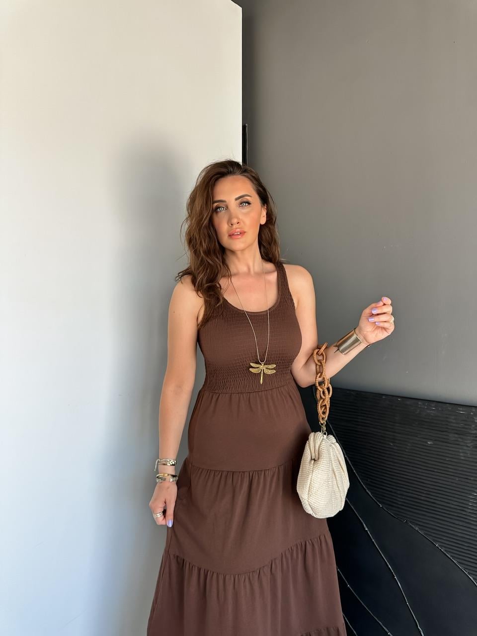 Kahve Gipeli Kolsuz Orijinal Elbise