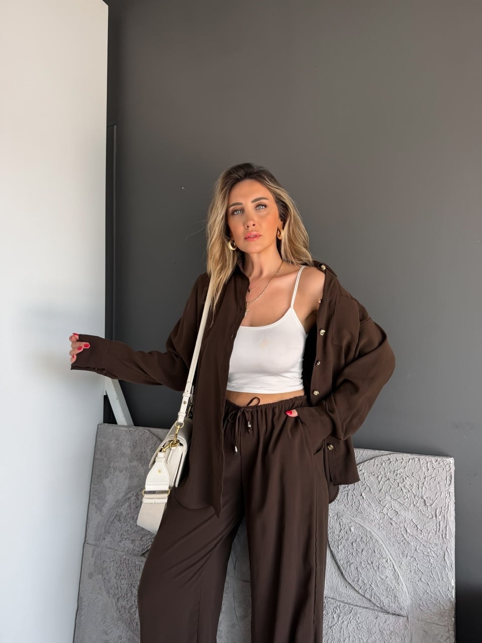 Kahve Gold Düğmeli Şalvarlı Takım