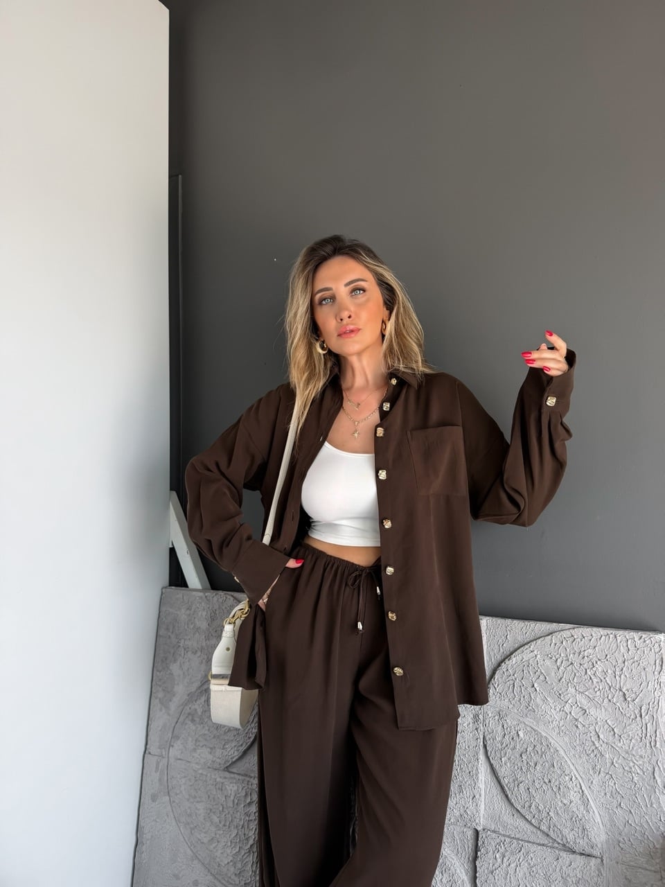 Kahve Gold Düğmeli Şalvarlı Takım
