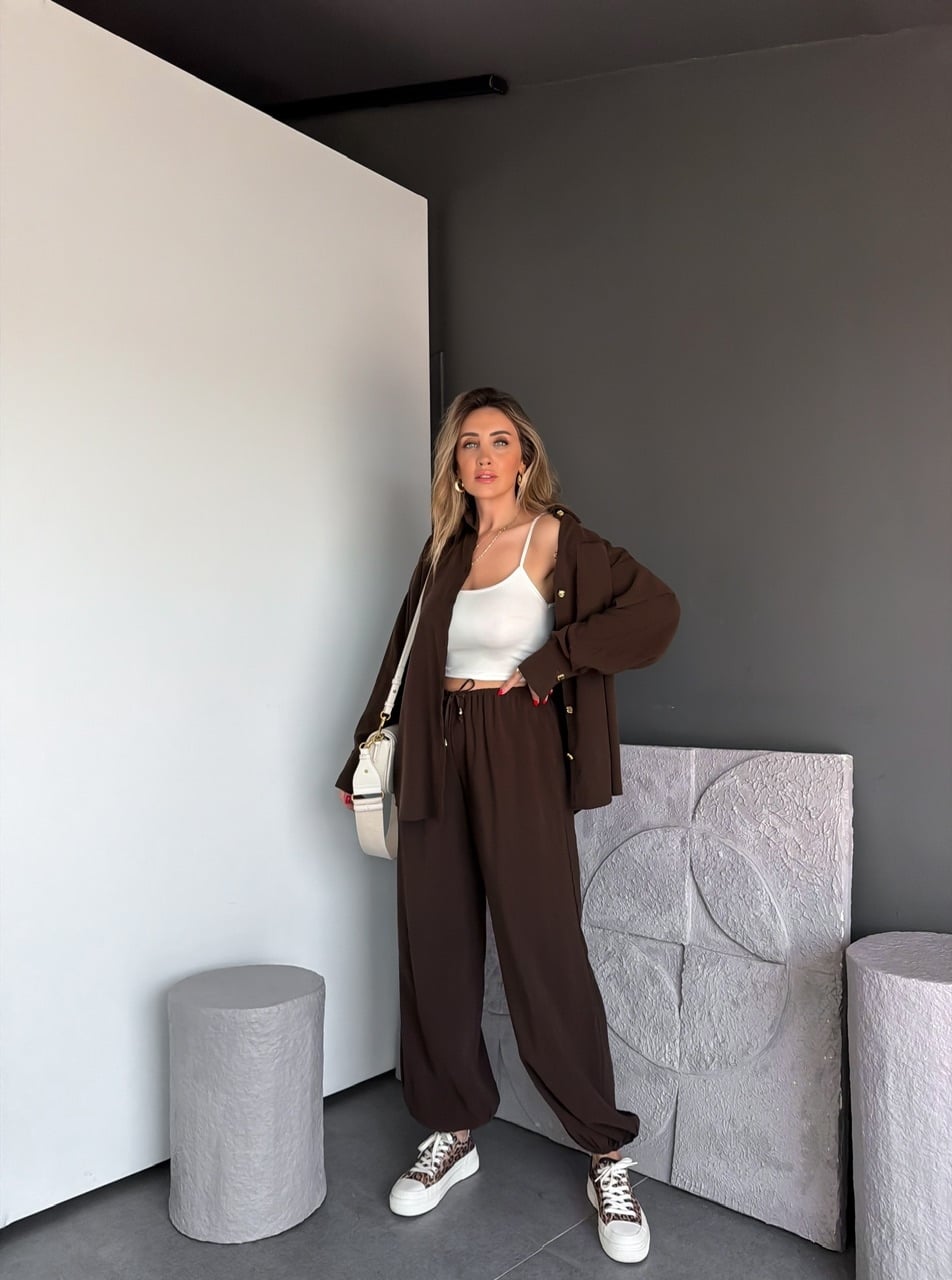 Kahve Gold Düğmeli Şalvarlı Takım