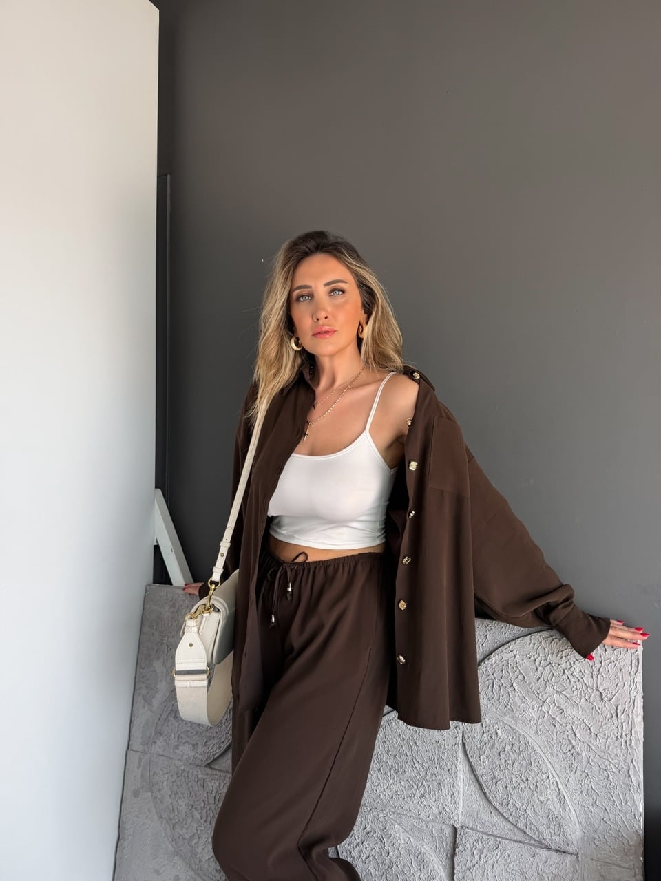 Kahve Gold Düğmeli Şalvarlı Takım