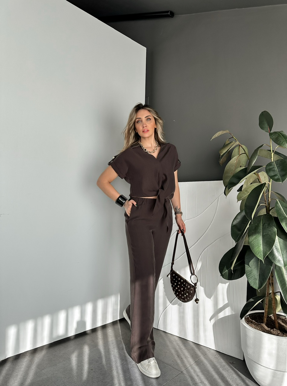 Kahve Gömleği Bağlamalı Premium Takım