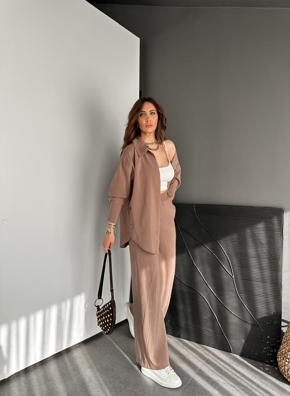 Kahve Gömleği Çıtçıtlı Şık Takım