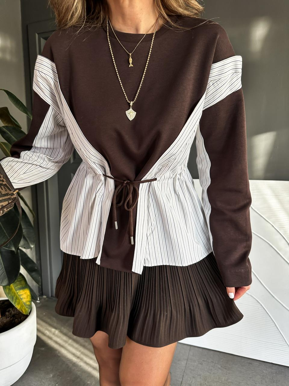 Kahve Gömlek Parçalı Beli İpli Sweatshirt