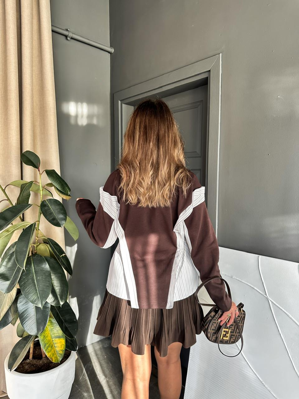 Kahve Gömlek Parçalı Beli İpli Sweatshirt