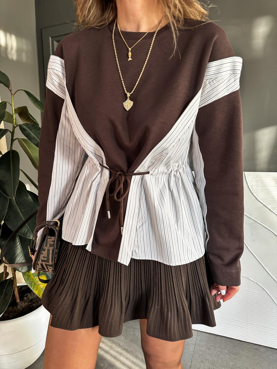 Kahve Gömlek Parçalı Beli İpli Sweatshirt