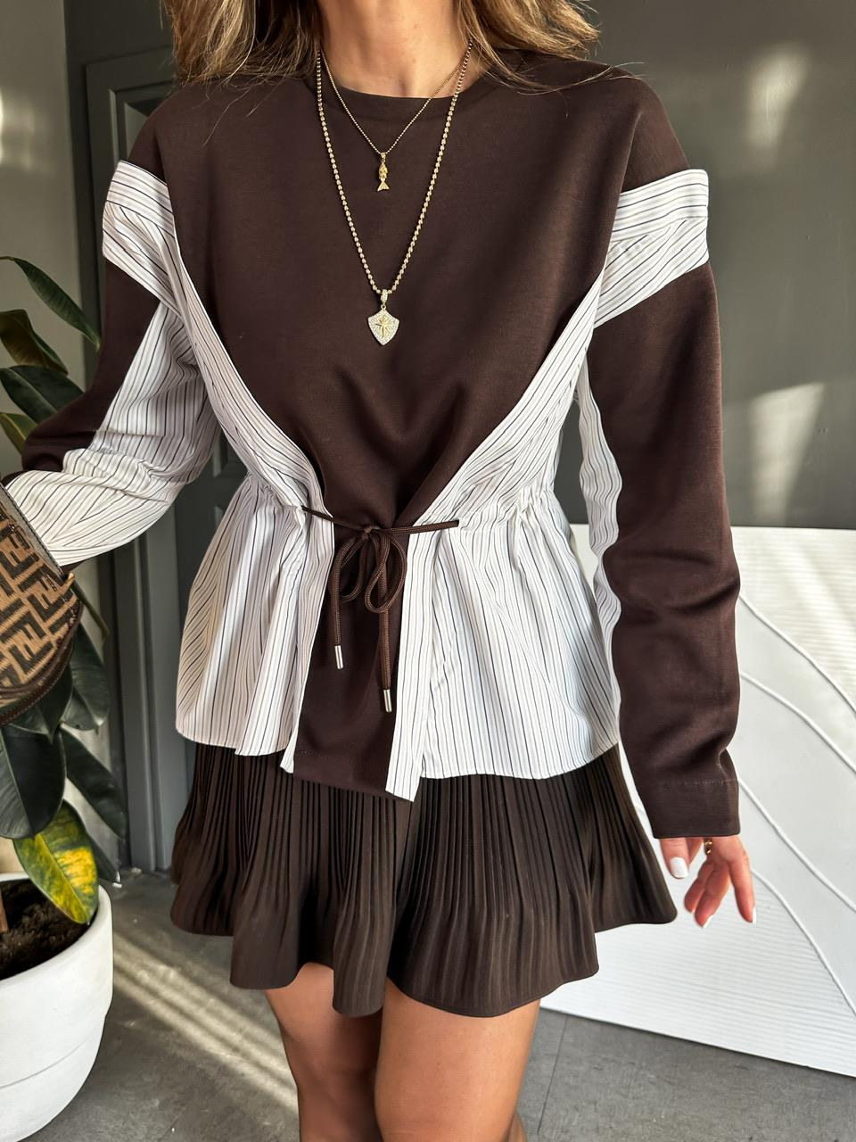 Kahve Gömlek Parçalı Beli İpli Sweatshirt