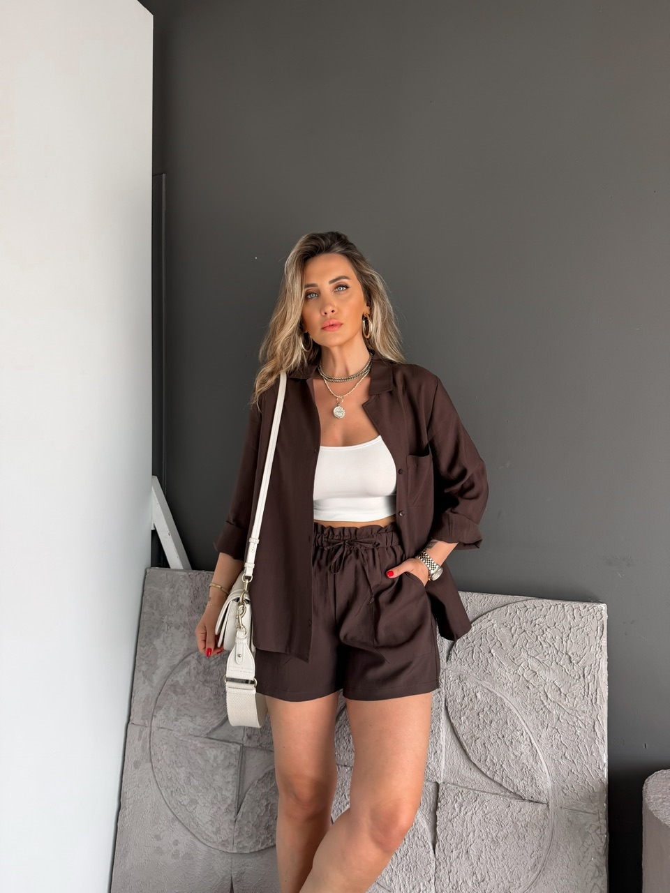 Kahve Gömlek Şortlu Zr Tensel Takım