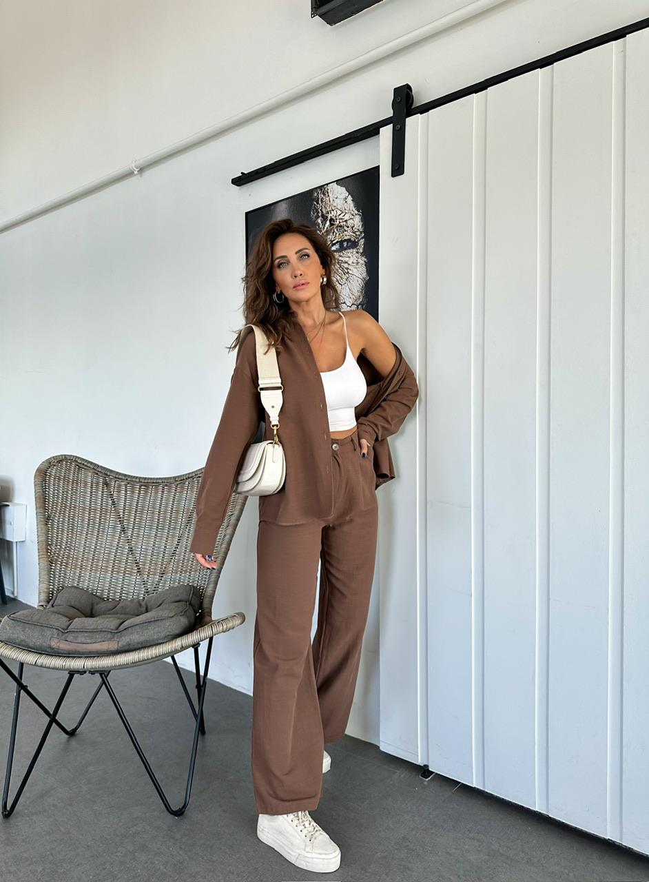 Kahve Gömlekli Basic Keten Takım