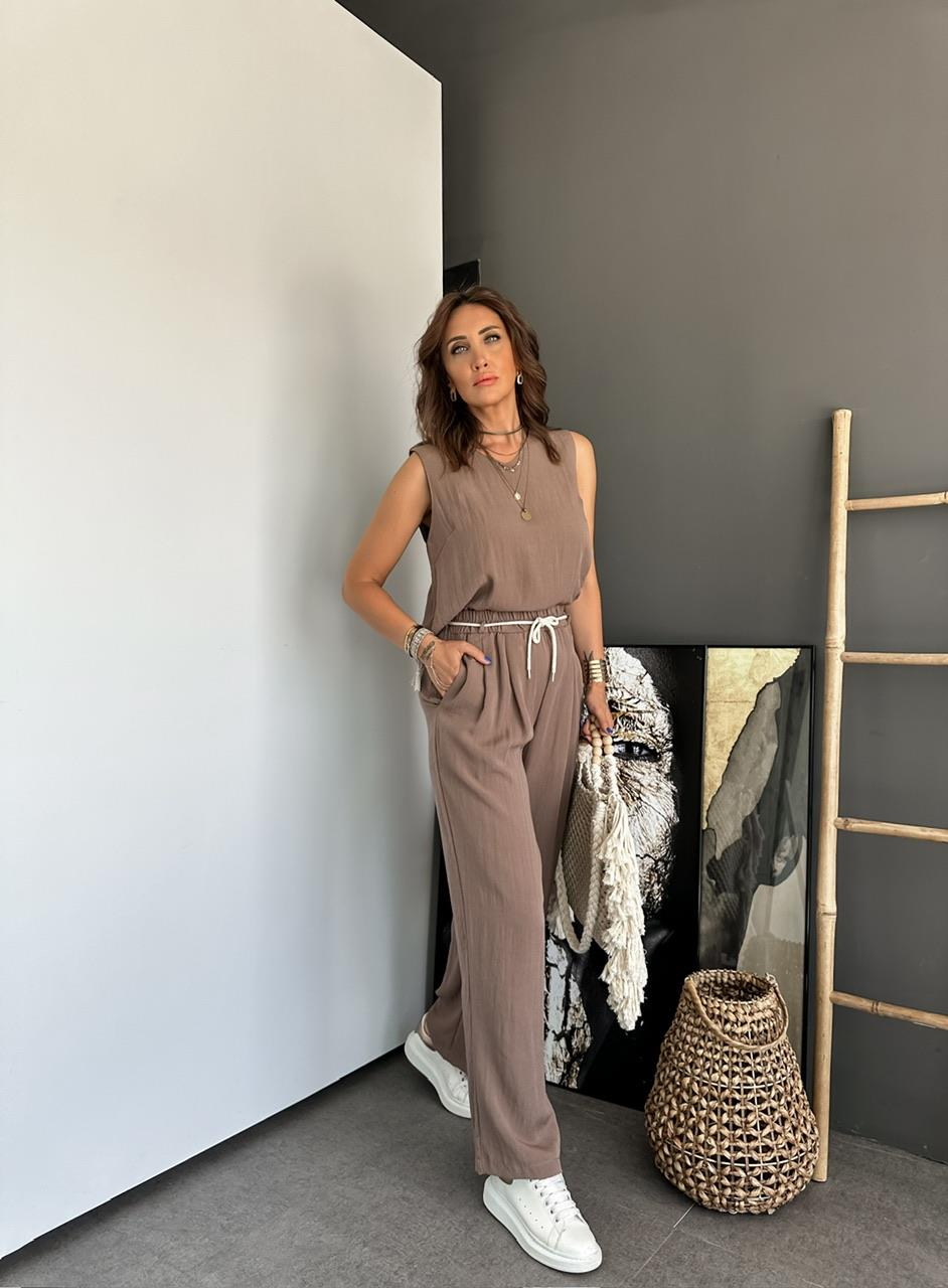 Kahve Halat Kemerli Keten Takım