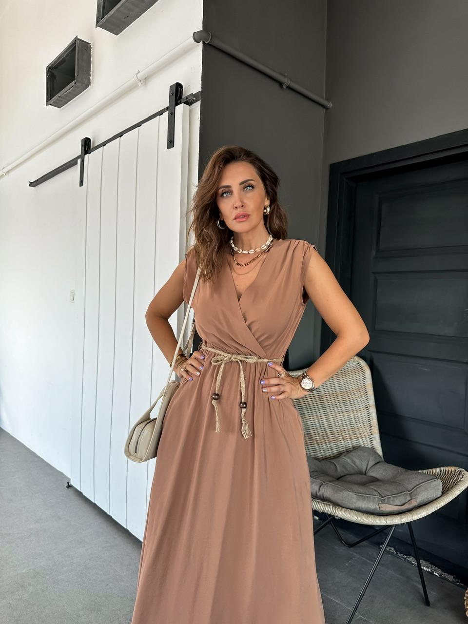 Kahve Halat Kemerli Kruvaze Elbise