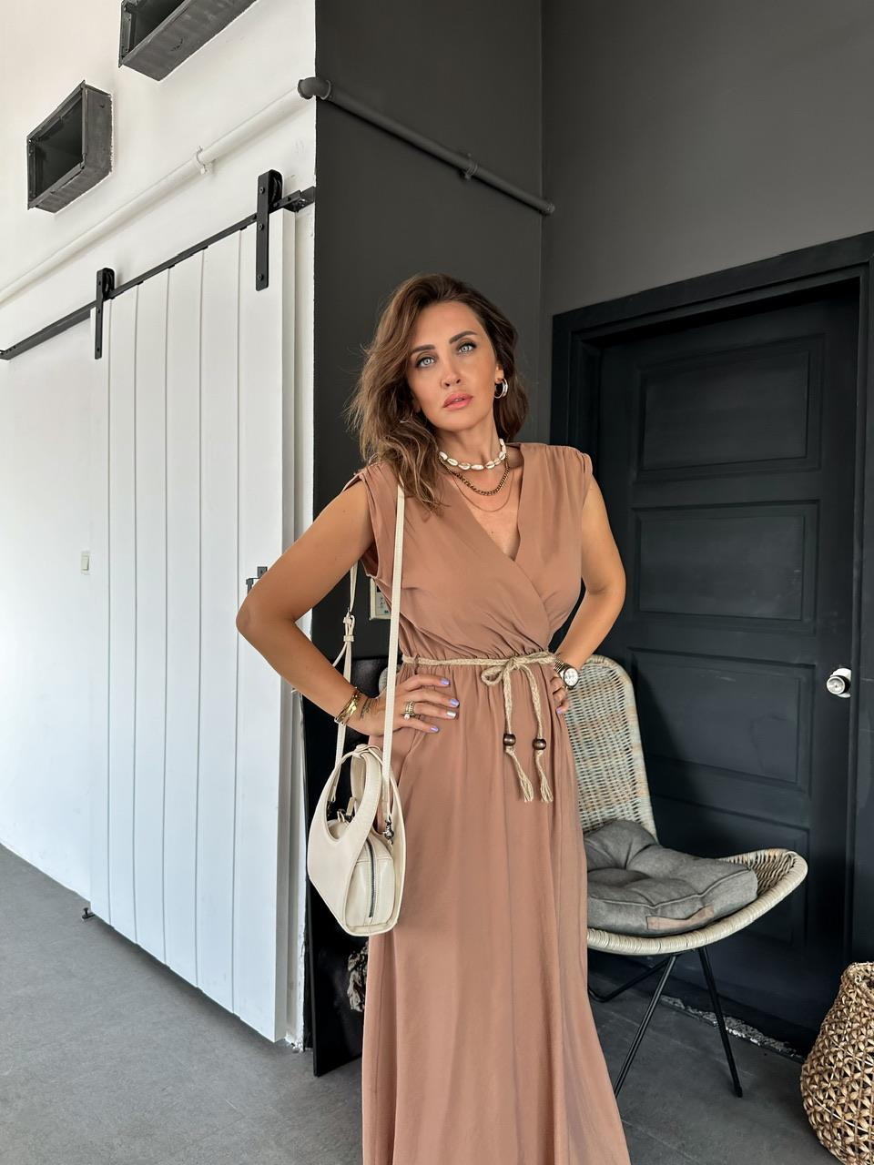 Kahve Halat Kemerli Kruvaze Elbise