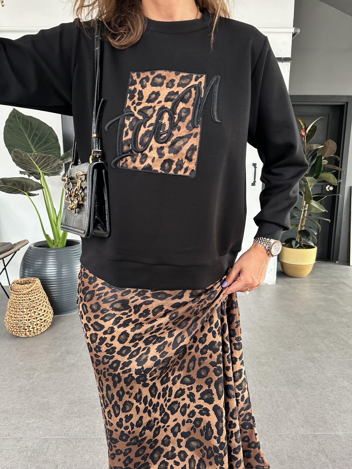 Kahve Icon Leopar Parçalı Sweatshirt
