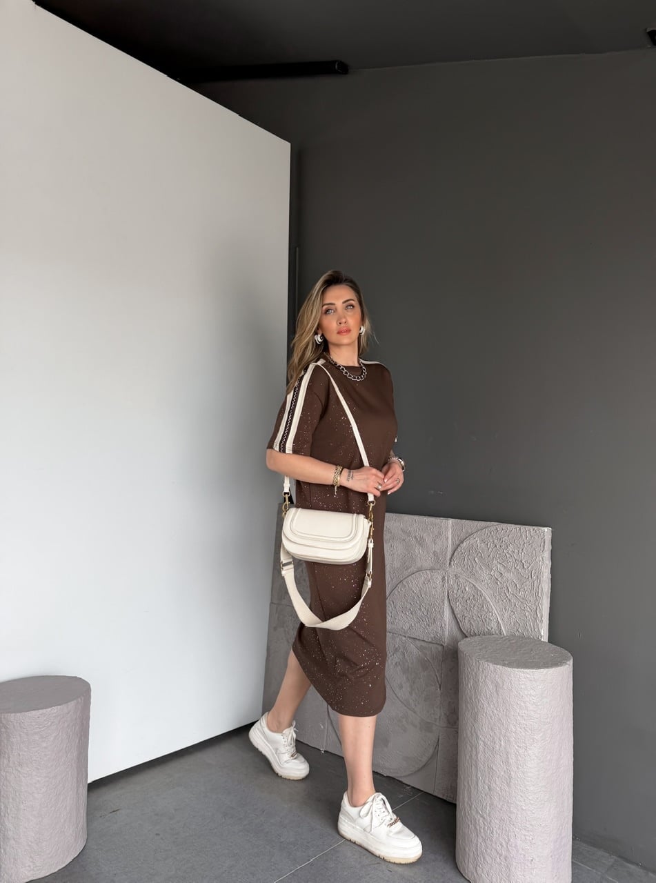 Kahve Işıltılı Şeritli Modal Elbise
