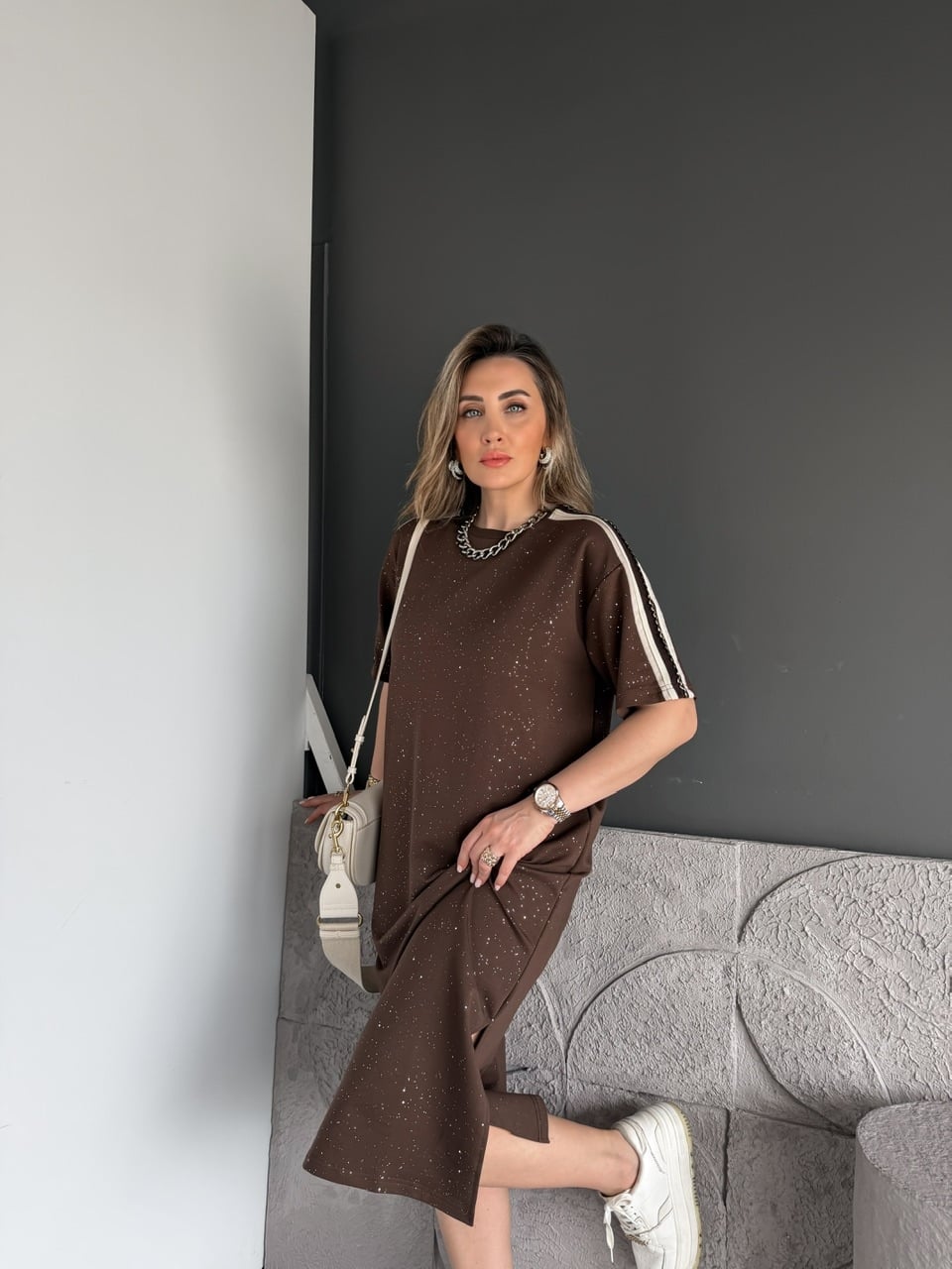 Kahve Işıltılı Şeritli Modal Elbise