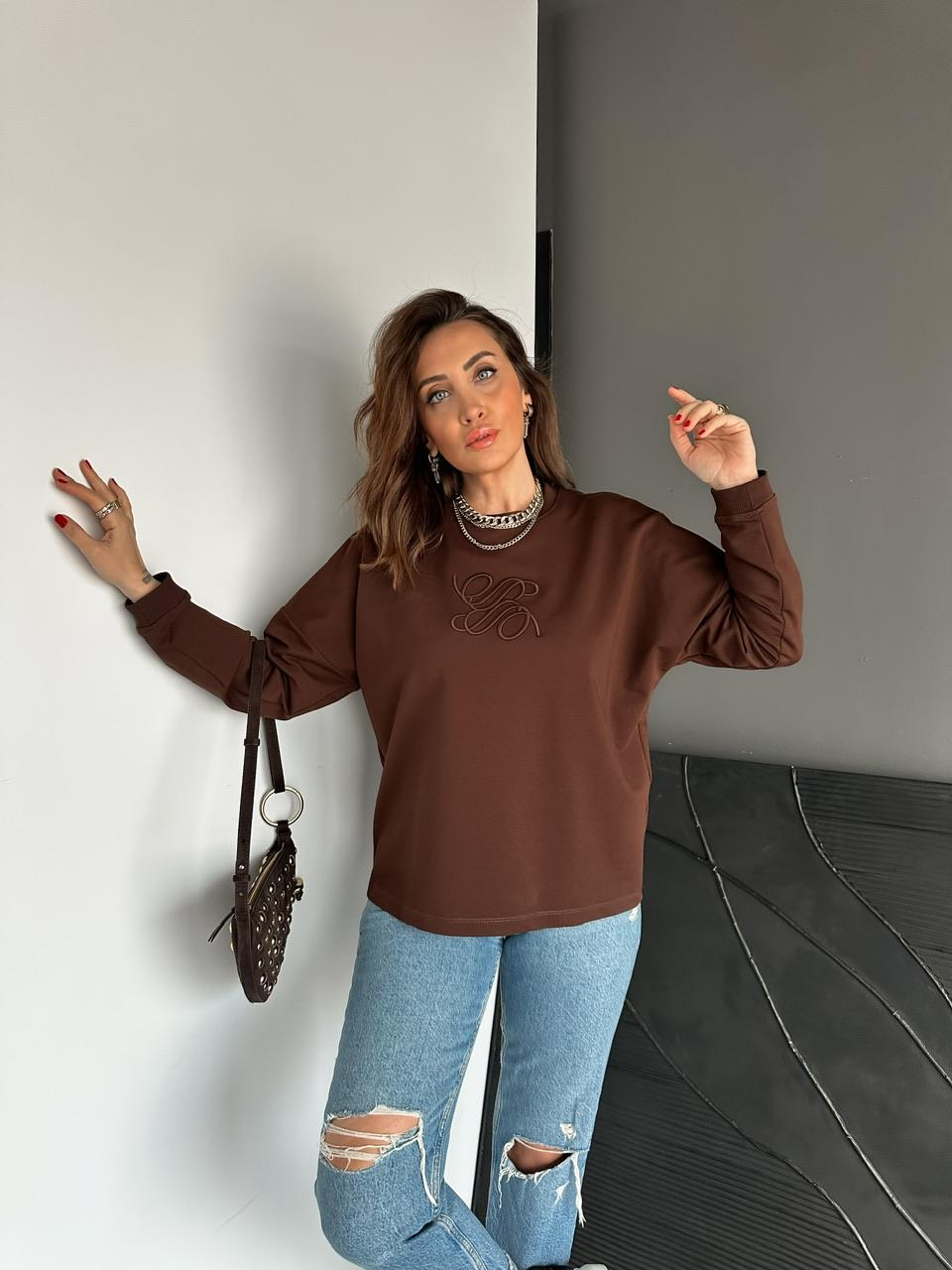 Kahve Kabartma Logolu Sweatshirt