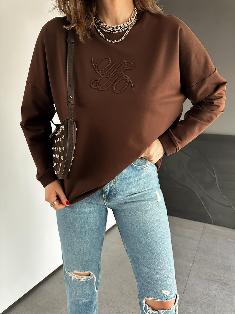 Kahve Kabartma Logolu Sweatshirt