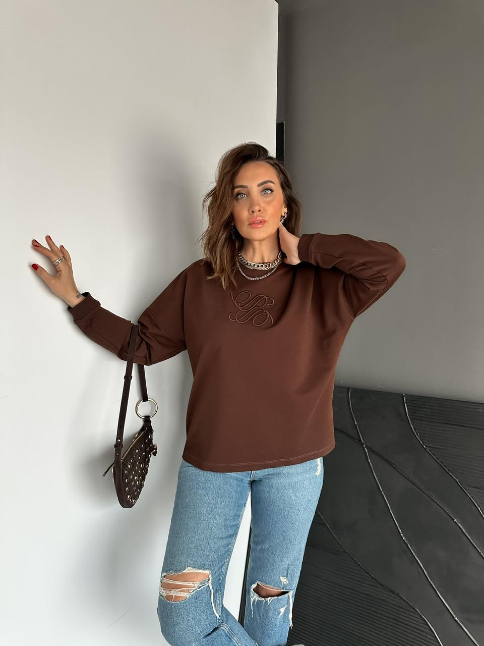 Kahve Kabartma Logolu Sweatshirt