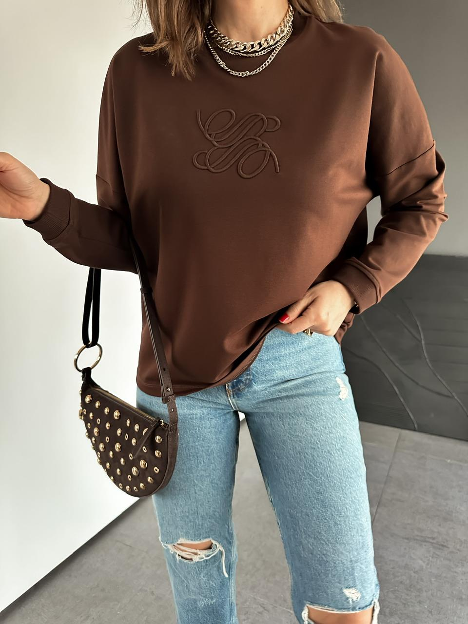 Kahve Kabartma Logolu Sweatshirt