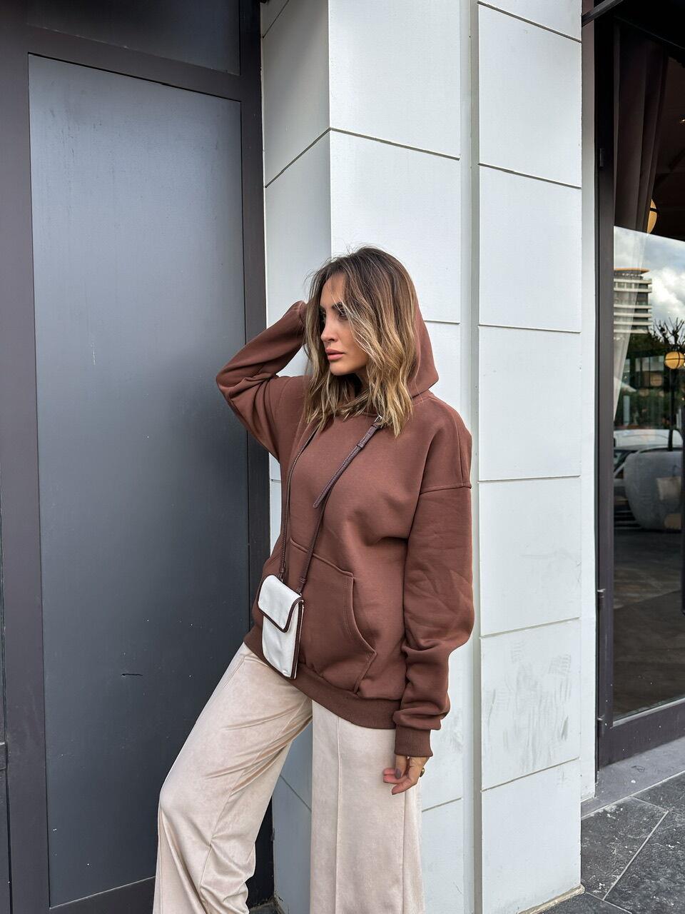 Kahve Kanguru Cepli Sweatshirt