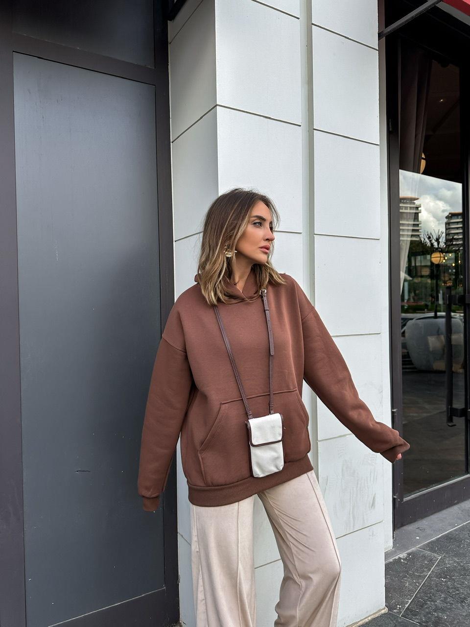 Kahve Kanguru Cepli Sweatshirt