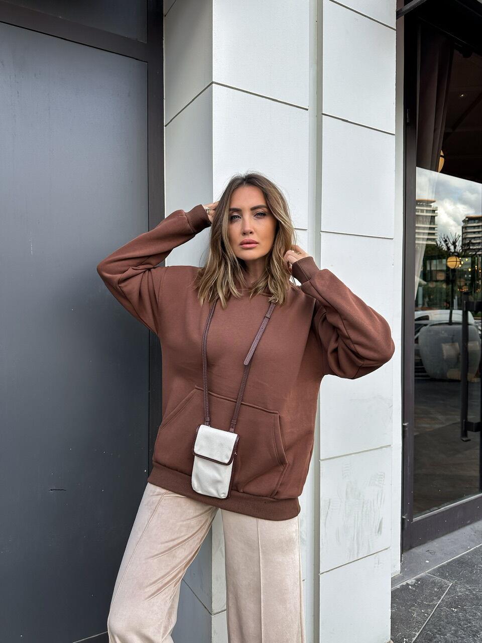 Kahve Kanguru Cepli Sweatshirt