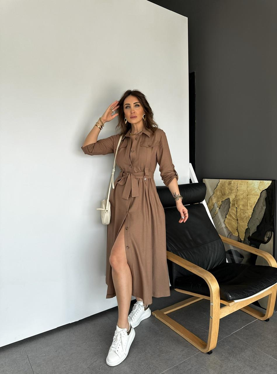 Kahve Kapak Cepli Düğmeli Safari Elbise