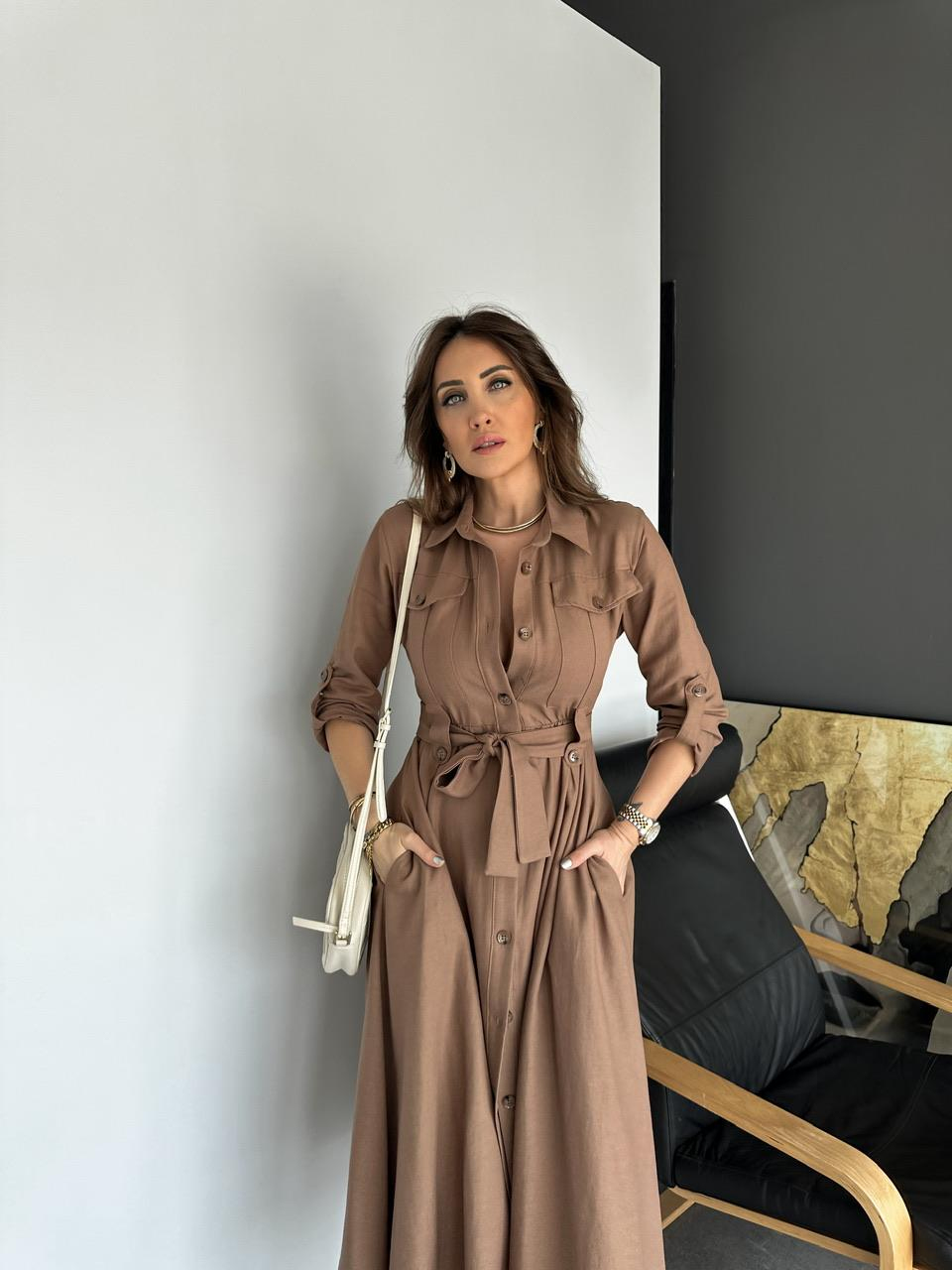 Kahve Kapak Cepli Düğmeli Safari Elbise
