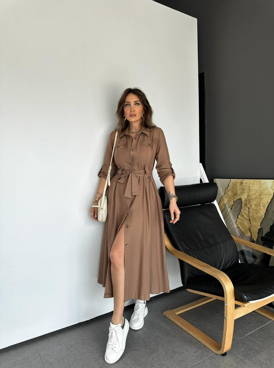 Kahve Kapak Cepli Düğmeli Safari Elbise