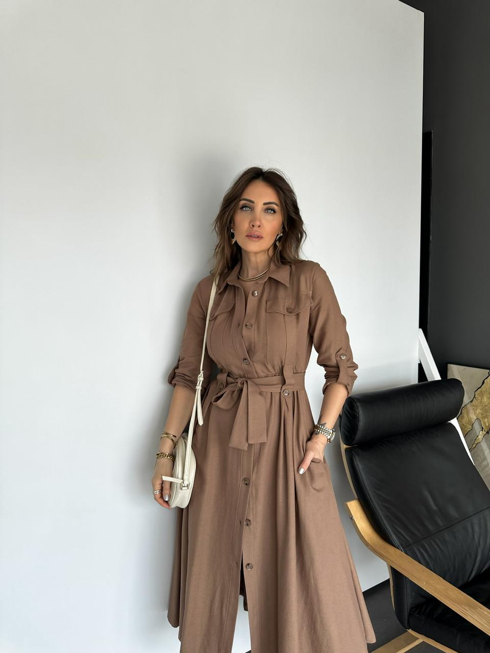 Kahve Kapak Cepli Düğmeli Safari Elbise