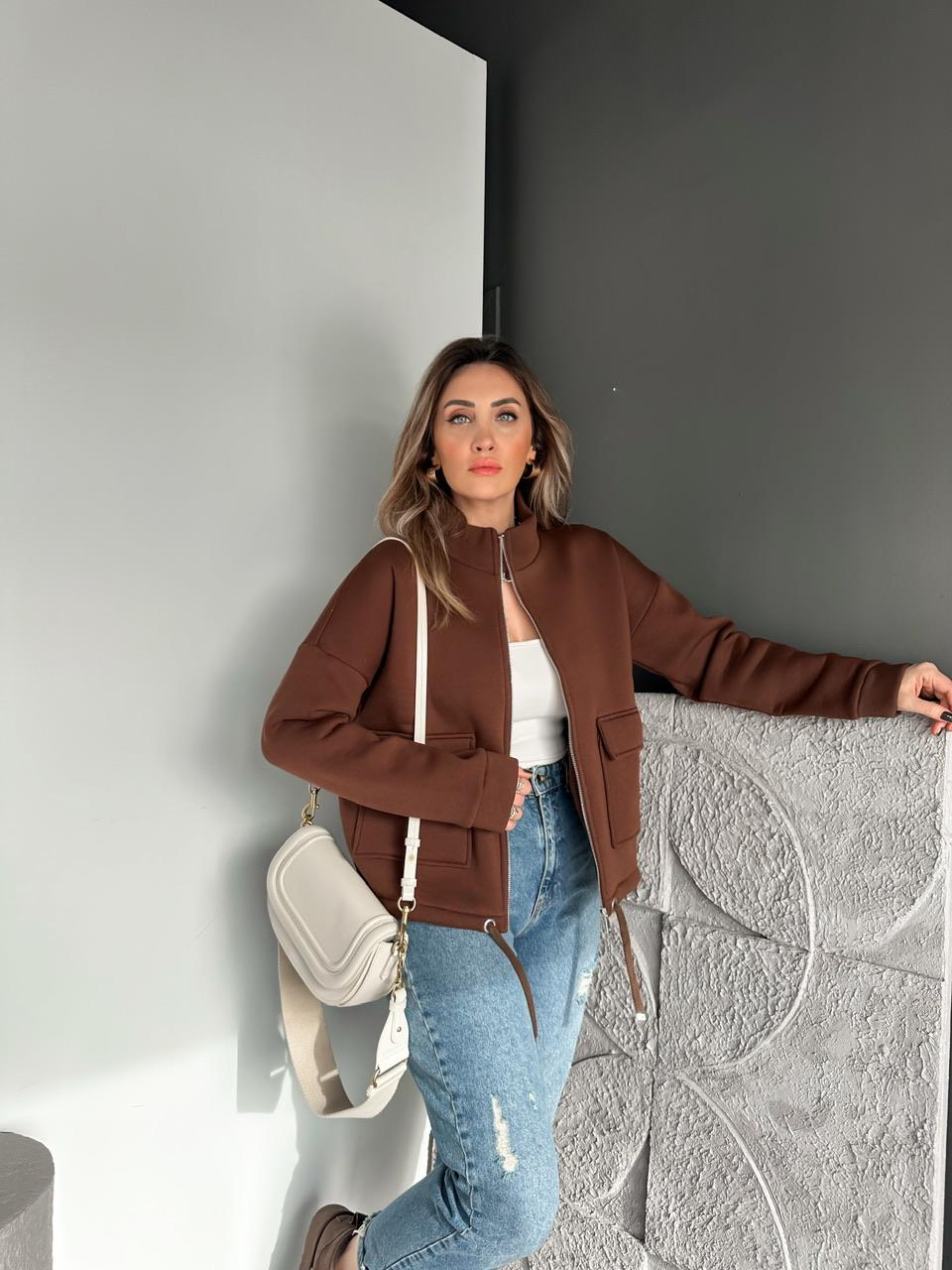 Kahve Kapak Cepli Şardonlu Sweatshirt