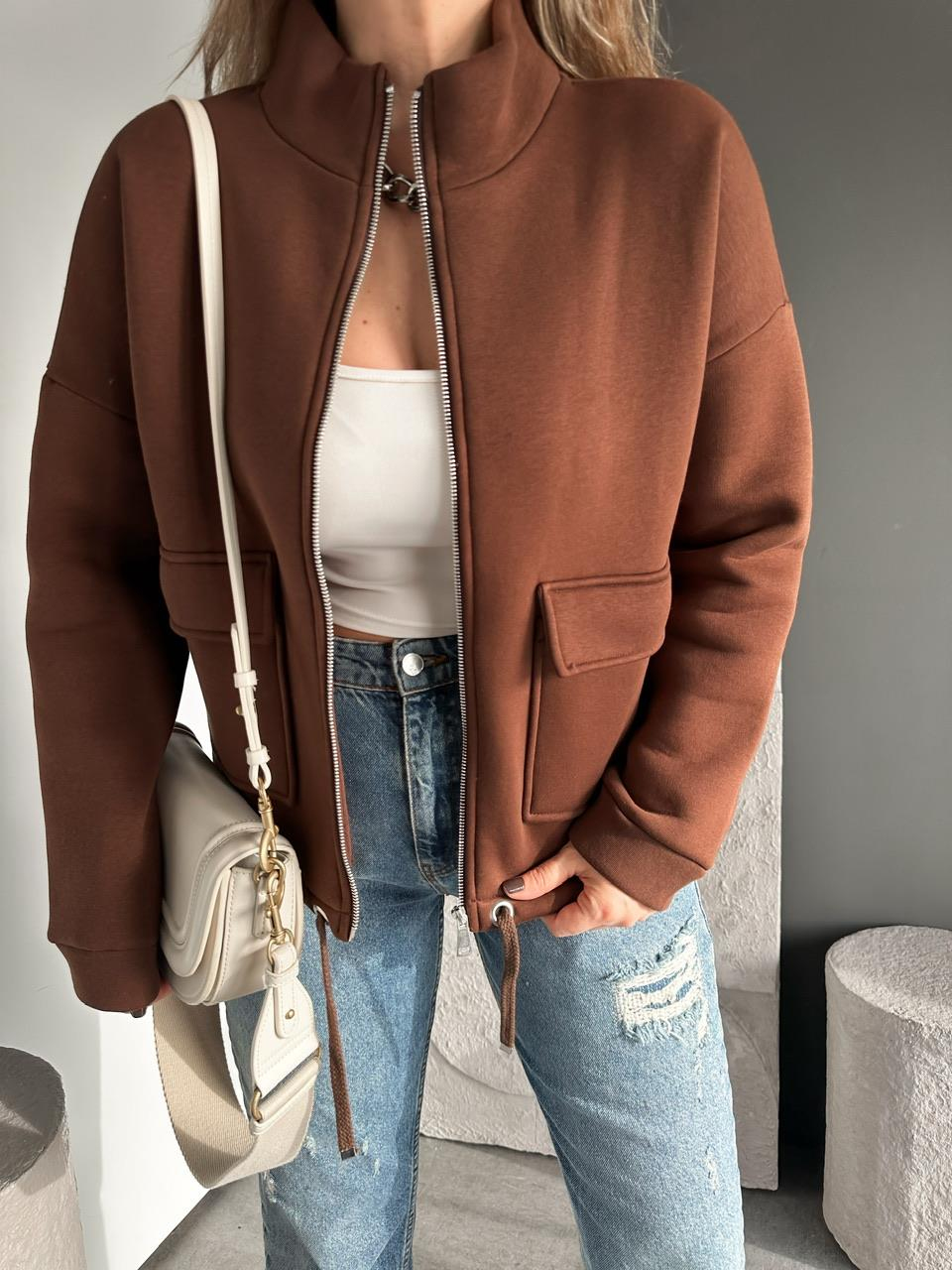 Kahve Kapak Cepli Şardonlu Sweatshirt
