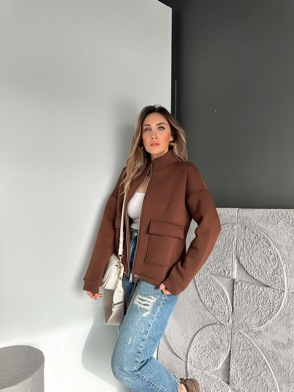 Kahve Kapak Cepli Şardonlu Sweatshirt