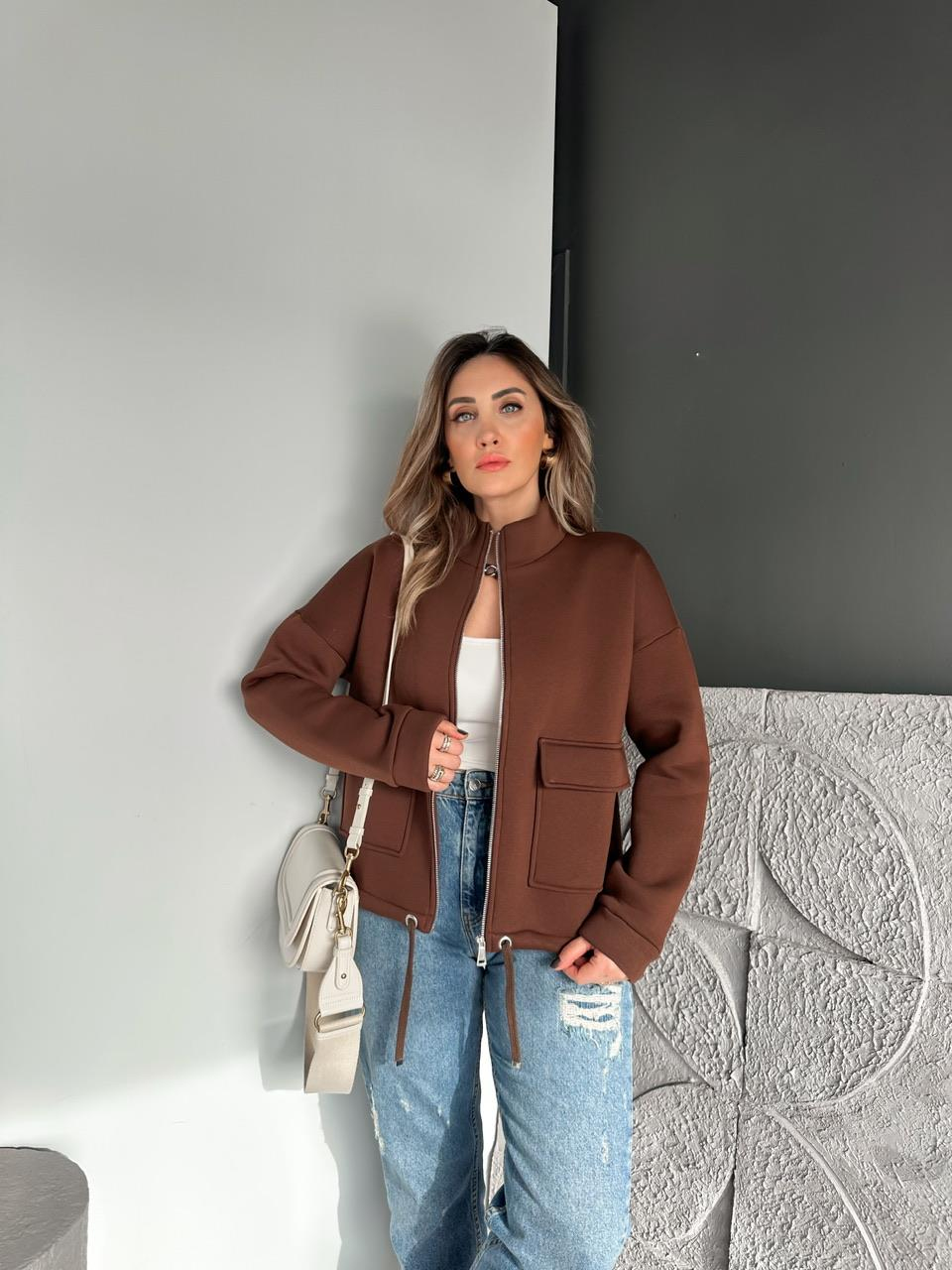 Kahve Kapak Cepli Şardonlu Sweatshirt