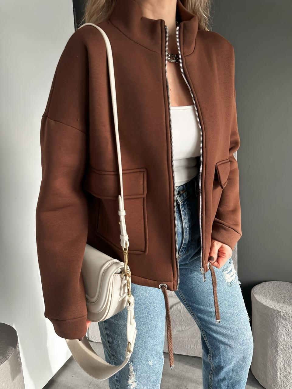 Kahve Kapak Cepli Şardonlu Sweatshirt