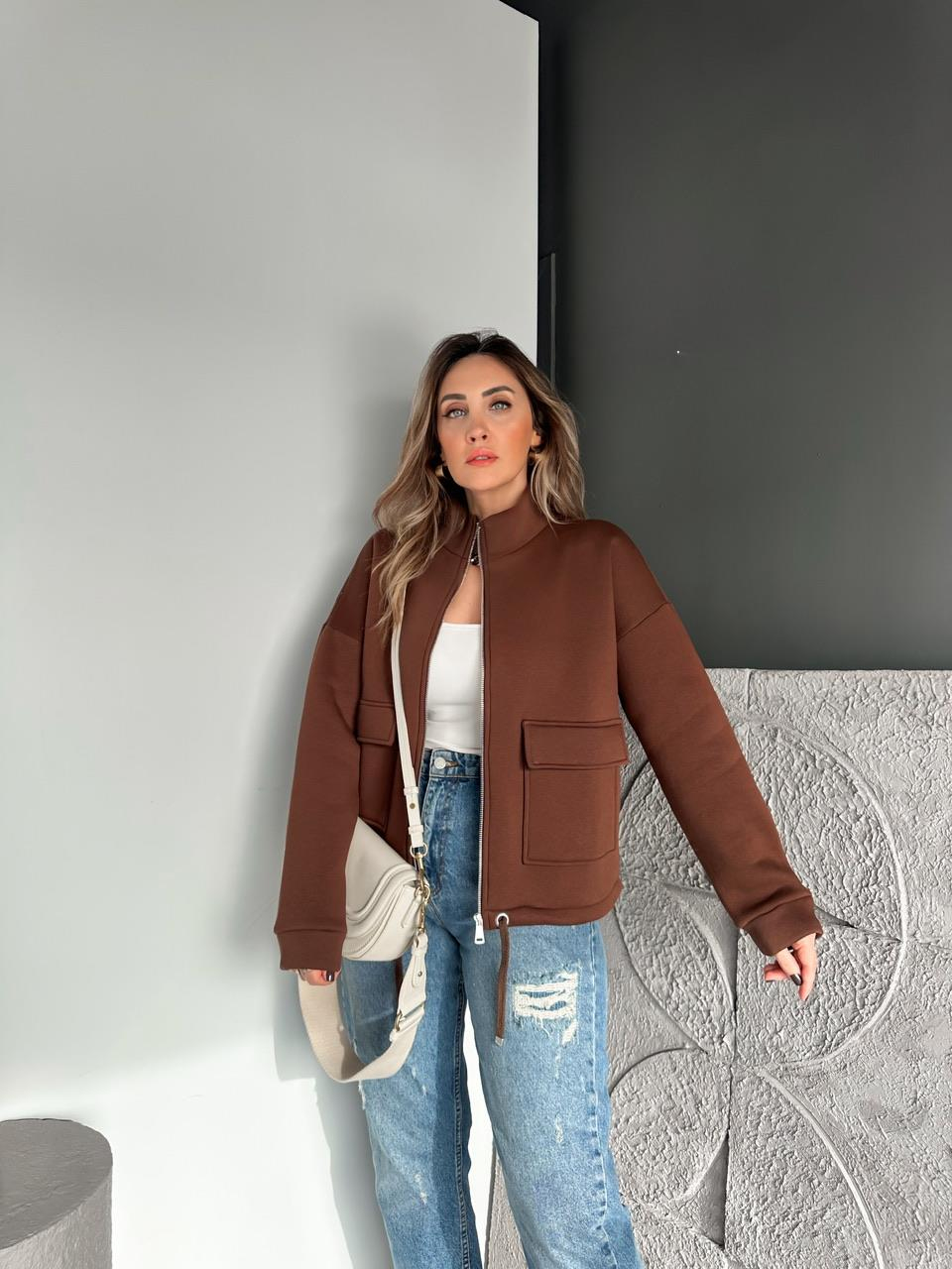 Kahve Kapak Cepli Şardonlu Sweatshirt