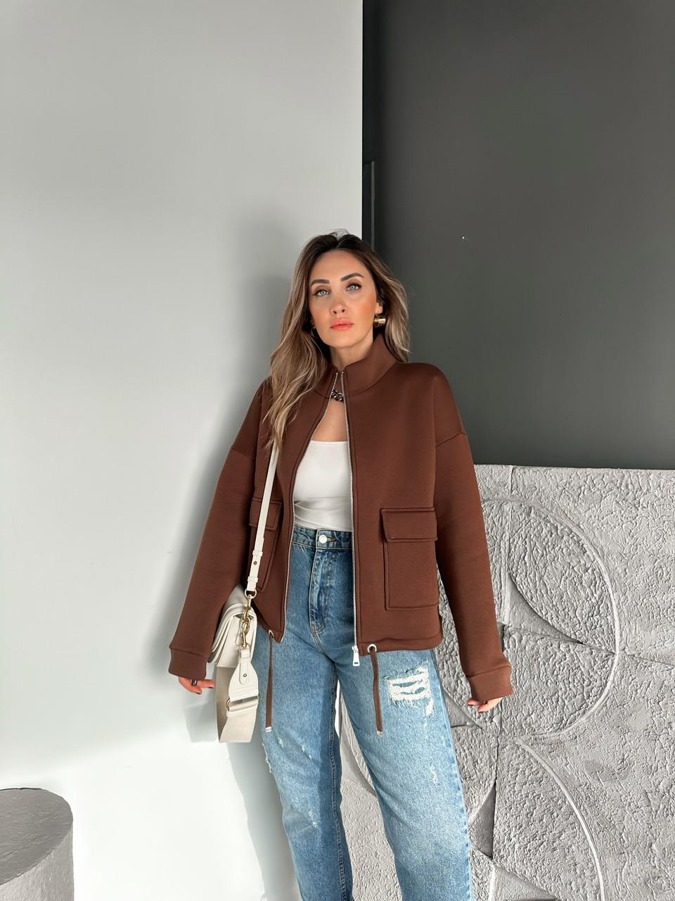 Kahve Kapak Cepli Şardonlu Sweatshirt