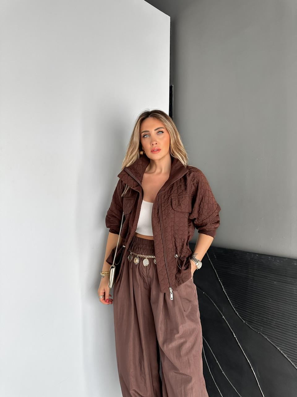 Kahve Kapitone Büzülebilir Ceket